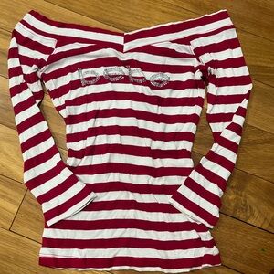 Red and White striped off the shoulder long sleeve “Bebe” shirt